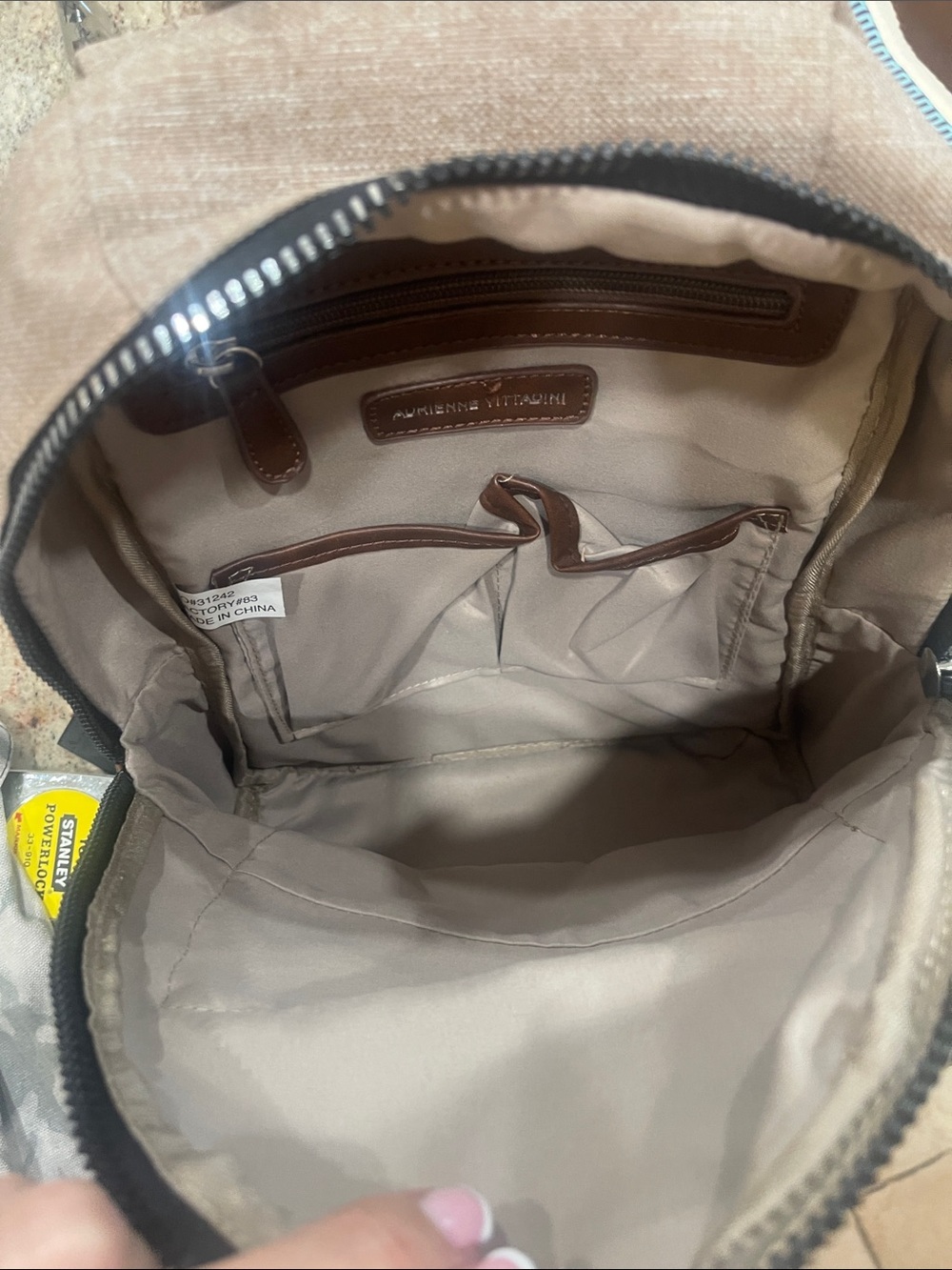 Adrienne Vittadini Tan Canvas Backpack with Brown Trim 12”W 12”H - Picture 4 of 4